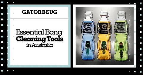 Colorful Gatorbeug bongs with text: Essential Bong Cleaning Tools.