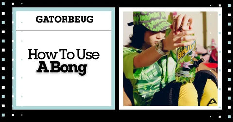 Showing a vibrant guide titled 'How To Use A Bong' with a person using a unique bong.