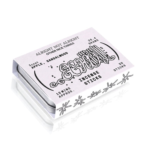 SRHUB x Alright Not Alright apple sandalwood incense sticks - angled box view, 28.4g pack