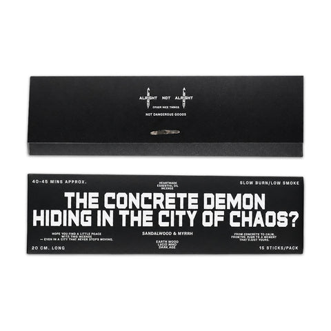 The Concrete Demon long stick incense by Alright Not Alright - sandalwood and myrrh, 20cm sticks, hiding in the city of chaos