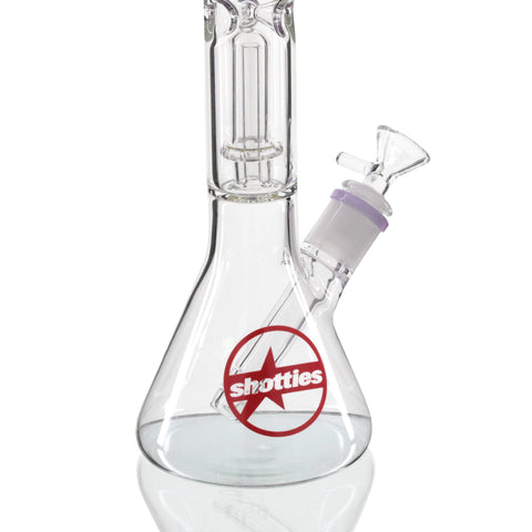Shotties 30cm Single Fountain Glasss Beaker Bong - Clear/Purple Showing Water Chamber and Down stem