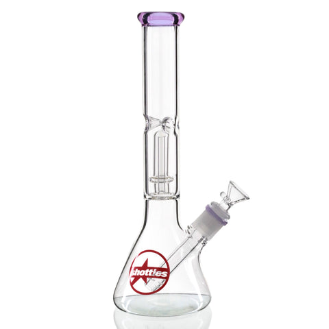 Shotties 30cm Single Fountain Glasss Beaker Bong – Clear/Purple Close Angled View Showing Mouthpiece and Base