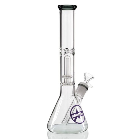Shotties 30cm Single Fountain Glass Beaker Bong - Detailed Close-up of Clear and Purple Smoke Glass Bong Beaker Base with Logo and Chamber