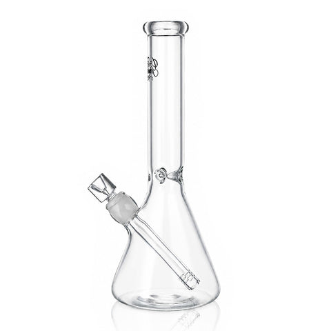 Gatorbeug 29cm clear glass beaker bong, left angle view, with downstem and bowl on white background