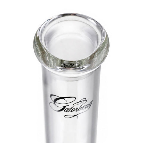 Gatorbeug 29cm clear glass beaker bong, close-up of mouthpiece detail with Gatorbeug branding