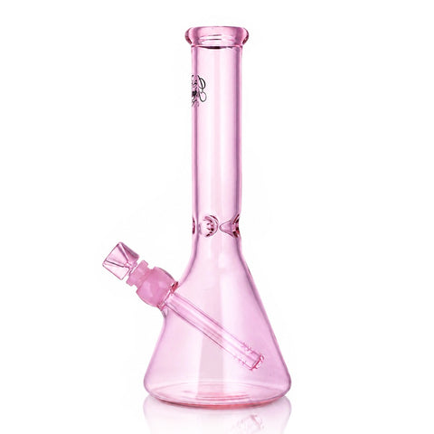 Gatorbeug 29cm pink glass beaker bong, left angle view, with downstem and bowl on white background