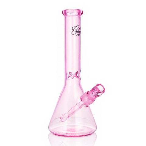 Gatorbeug 29cm pink glass beaker bong, right angle view, with downstem and Gatorbeug branding on white background