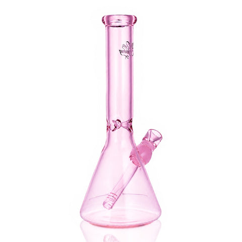 Gatorbeug 29cm pink glass beaker bong, back view, showing Gatorbeug branding on white background