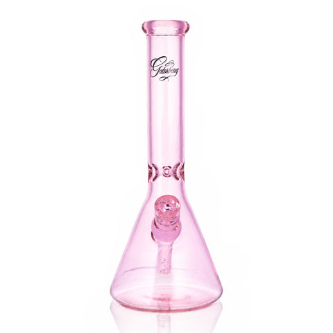 Gatorbeug 29cm pink glass beaker bong, front view, with downstem and bowl on white background