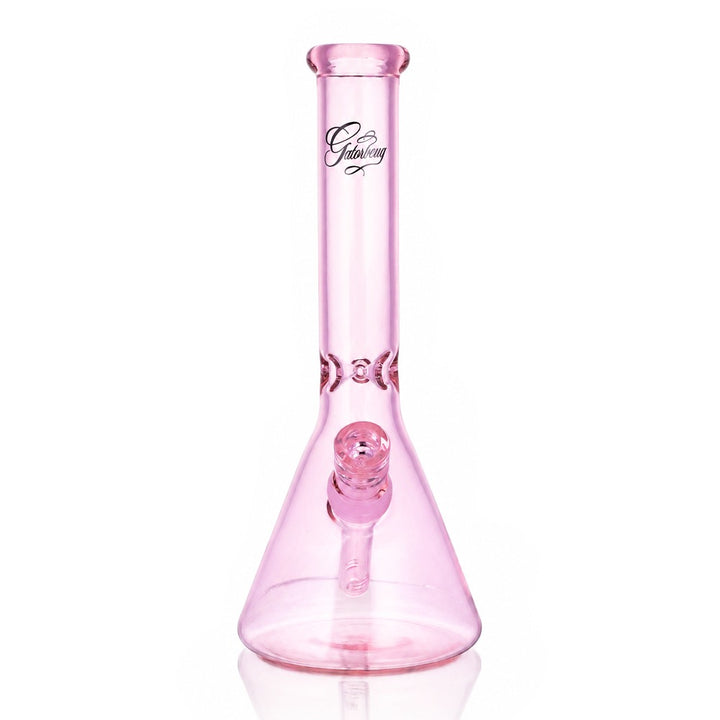 Gatorbeug 29cm pink glass beaker bong, front view, with downstem and bowl on white background