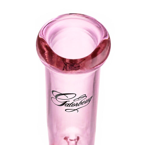 Gatorbeug 29cm pink glass beaker bong, close-up of mouthpiece detail with Gatorbeug branding
