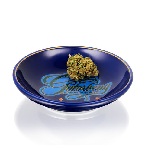 Gatorbeug Famous Bong Company navy blue ceramic chop bowl lifestyle shot with herb - buy cone pieces online Australia