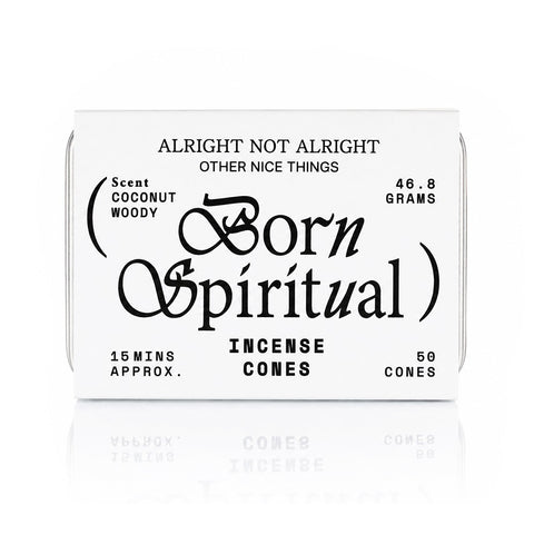 Alright Not Alright incense cones in branded paper sleeve — refillable metal tin format, 50 hand-poured cones, ~15 minute burn