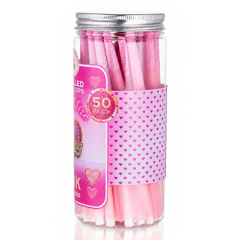 Gatorbeug King Size Pre-Rolled Cones 50 Pack – Bling Hearts Pink, back view, clear jar with pink cones and heart-patterned label