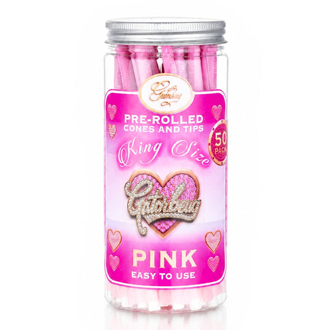 Gatorbeug King Size Pre-Rolled Cones 50 Pack – Bling Hearts Pink, front view, clear jar with pink cones and bedazzled hearts label