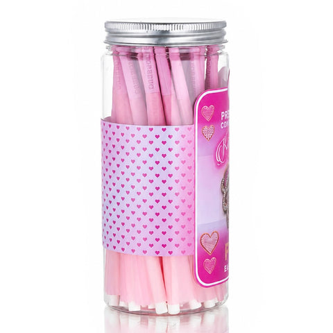 Gatorbeug King Size Pre-Rolled Cones 50 Pack – Bling Hearts Pink, side view, clear jar with pink cones and heart-patterned label