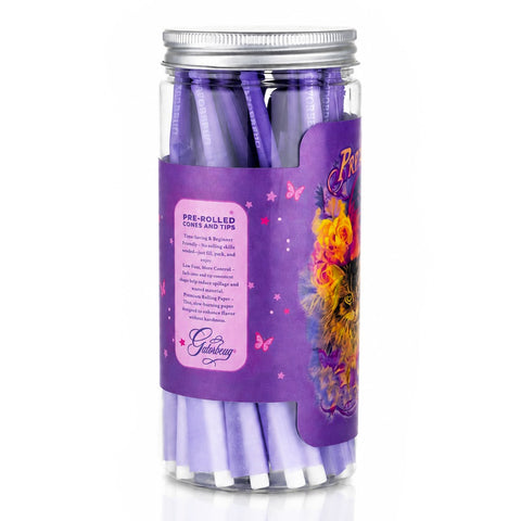 Gatorbeug King Size Pre-Rolled Cones 50 Pack – Fantasy Cat Purple, back view, clear jar with purple cones and vibrant floral fantasy art label