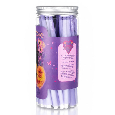 Gatorbeug King Size Pre-Rolled Cones 50 Pack – Fantasy Cat Purple, side view showing product details, clear jar with purple cones and floral cat label