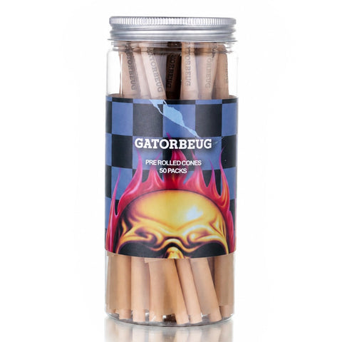 Gatorbeug King Size Pre-Rolled Cones 50 Pack – Flaming Skull Natural, front of jar with flaming skull label on checkered background