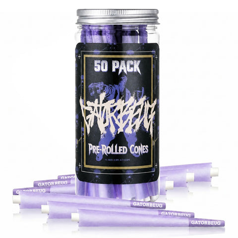 Gatorbeug King Size Pre-Rolled Cones 50 Pack – Graffiti Tiger Purple, lifestyle shot with jar and purple cones scattered on white background