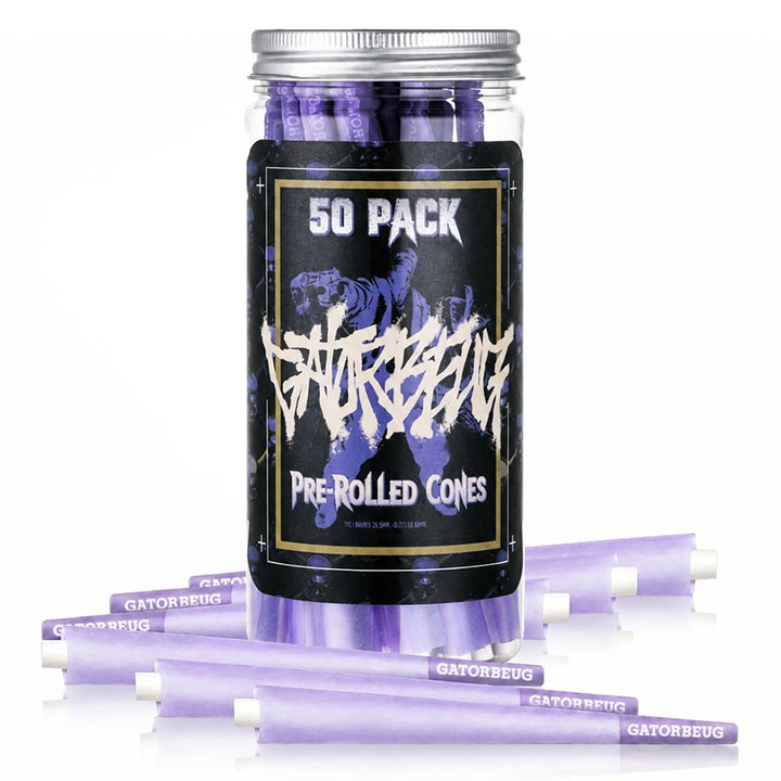 Gatorbeug King Size Pre-Rolled Cones 50 Pack – Graffiti Tiger Purple, lifestyle shot with jar and purple cones scattered on white background