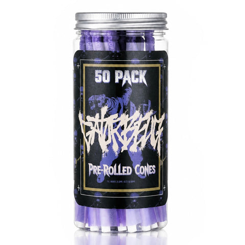 Gatorbeug King Size Pre-Rolled Cones 50 Pack – Graffiti Tiger Purple, clear jar with purple cones and black graffiti tiger label
