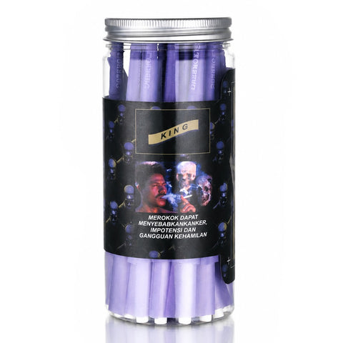 Gatorbeug King Size Pre-Rolled Cones 50 Pack – King Skull Purple, clear jar with purple cones and black skull king graphic label
