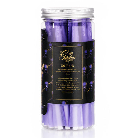 Gatorbeug King Size Pre-Rolled Cones 50 Pack – Premium Gold Purple, clear jar with purple cones and black premium gold label