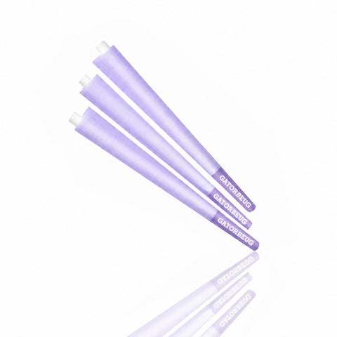 Gatorbeug King Size Pre-Rolled Cones 50 Pack – Purple, three purple cones fanned out on white background