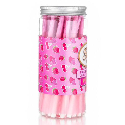 Gatorbeug King Size Pre-Rolled Cones 50 Pack – Strawberry Pink, back view, clear jar with pink cones and strawberry-cherry pattern label