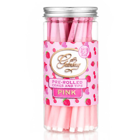 Gatorbeug King Size Pre-Rolled Cones 50 Pack – Strawberry Pink, front view, clear jar with pink cones and strawberry-themed label