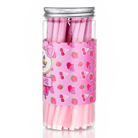 Gatorbeug King Size Pre-Rolled Cones 50 Pack – Strawberry Pink, side view, clear jar with pink cones and strawberry-cherry pattern label