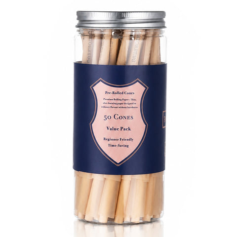 Gatorbeug Pre-Rolled Cones 50 Pack – Navy Shield Natural, clear jar with natural unbleached cones and navy blue shield label