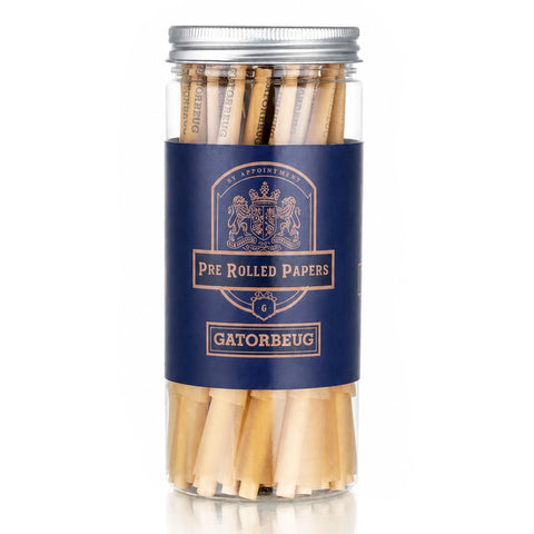 Gatorbeug Pre-Rolled Papers 50 Pack – Royal Crest Natural, clear jar with natural unbleached papers and navy blue royal crest label