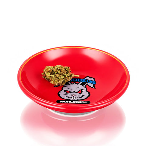 Gatorbeug Worldwide red ceramic chop bowl angle lifestyle shot with angry bunny mascot and herb - buy cone pieces online Australia