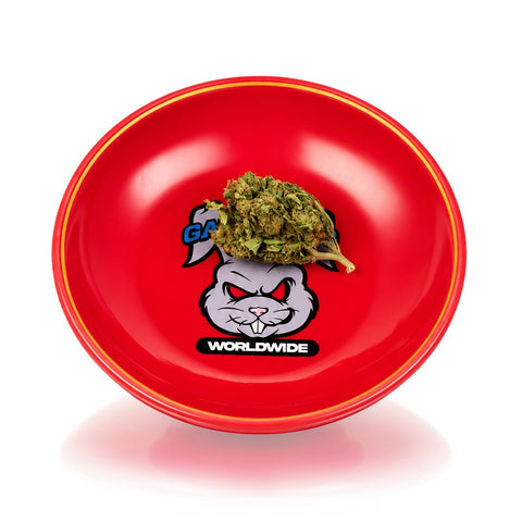 Gatorbeug Worldwide red ceramic chop bowl top lifestyle shot with angry bunny mascot and herb - buy cone pieces online Australia