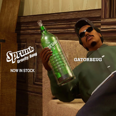 Sprunk Gravity Bong by Gatorbeug — Australian-stocked gravity bong with glass bowl on a green Sprunk soda bottle base, now available online