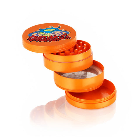 Gatorbeug Sun Mascot Graffiti Weed Grinder – Orange 4-Piece Herb Grinder | Gatorbeug – Exploded View