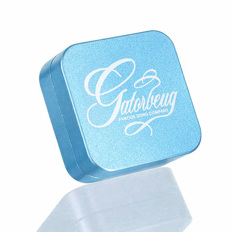 Sky Blue Weed Grinder – White Script 2-Piece Herb Grinder | Gatorbeug – Angle View